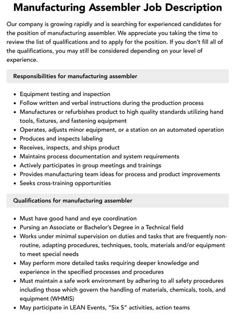 manufacturing assembler job description